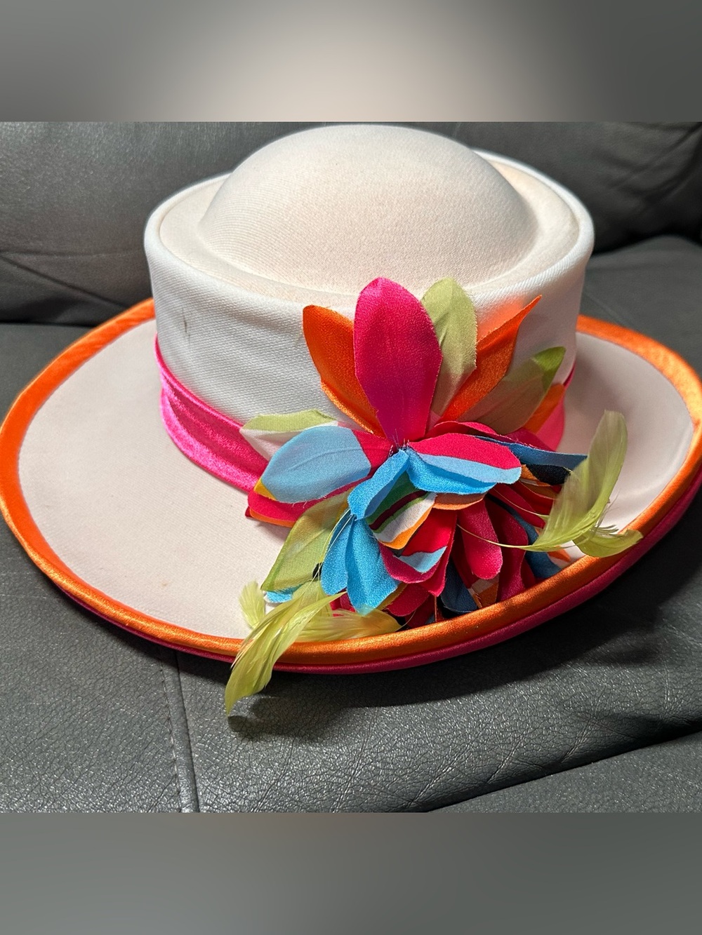 Women's Ivory Statement Hat with Multicolor Flower Accent